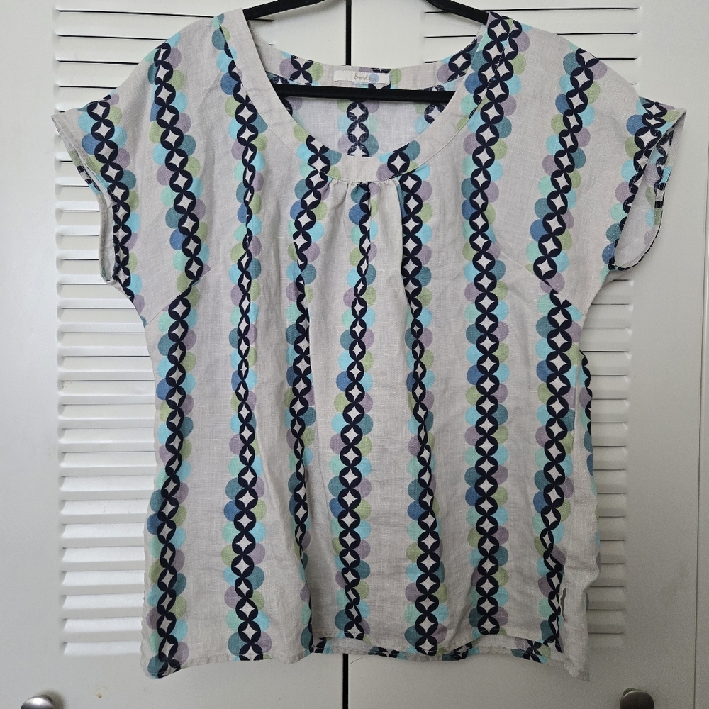 Boden Beige Linen Top Dotted Stripe Pattern Size 8